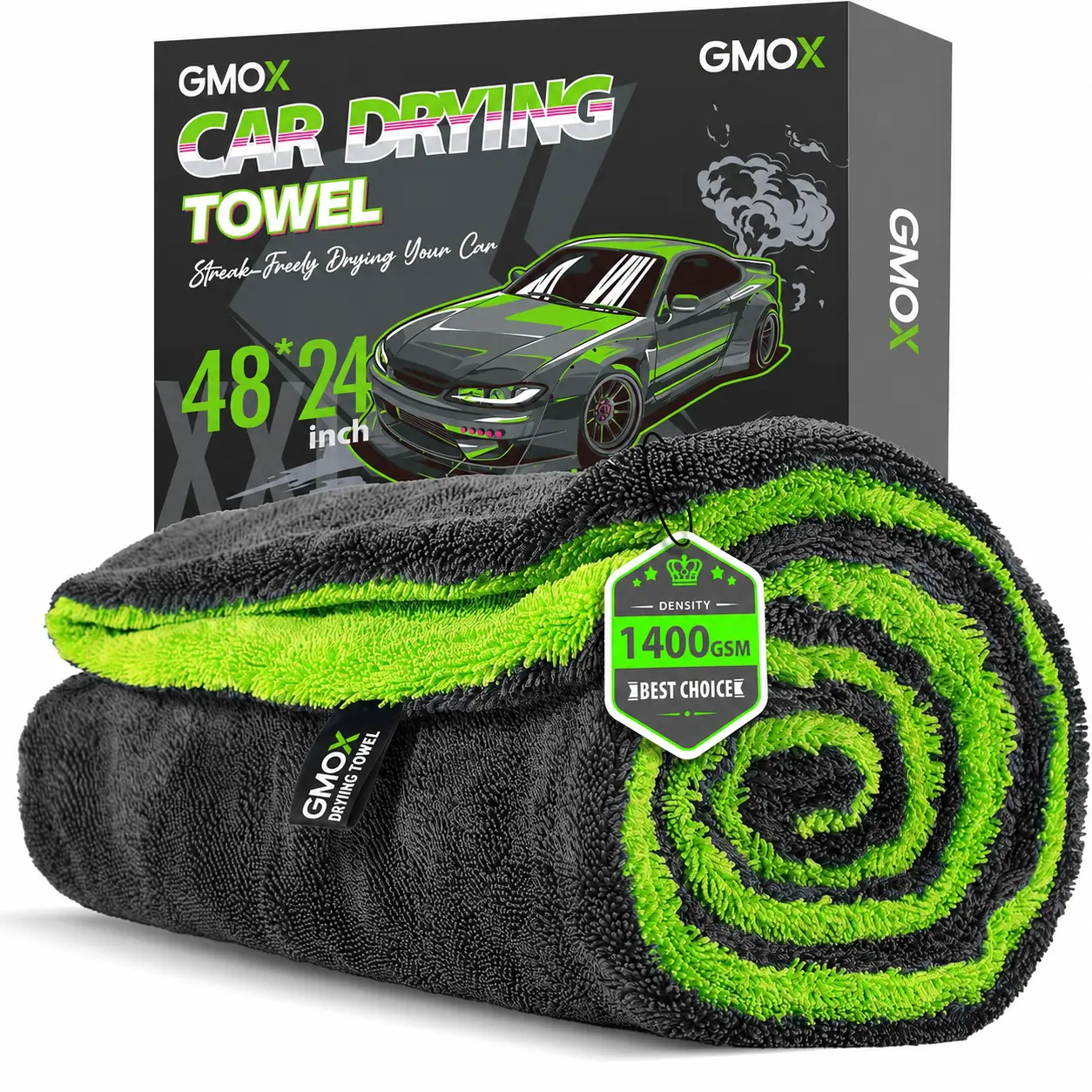 GMOX 48"x24" Microfiber Car Drying Towel, 1400GSM Extra Large Dual Sided Twisted Yarn Super Absorbent Auto Wash Towel, Lint-Free Streak-Free Scratch-Free Car Detailing Cloth for SUV Truck All Vehicles