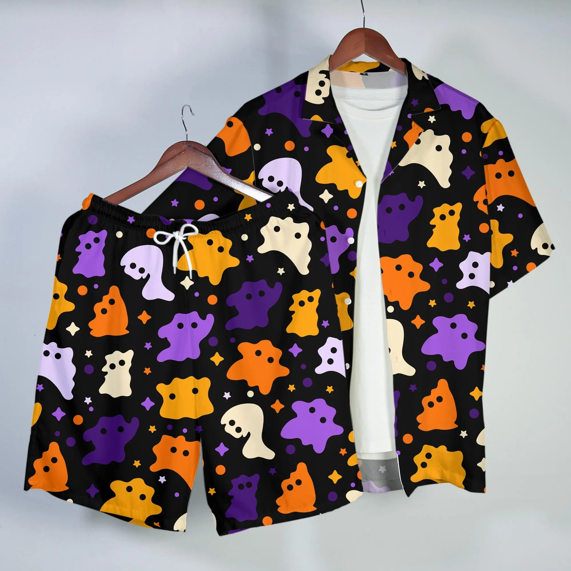 Ditto Hawaiian Shirt Cute Ghost Pattern Tropical Button Up Shirt Spooky Summer Beach Halloween Matching Set Unisex Outfit Ditto Shirt Gifts