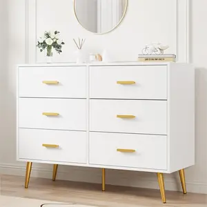 Dresser with 6 Drawers, Spacious Wooden Drawers for Bedroom Storage, Modern Elegant Gold Handles, Long Chest Ideal for Hallway or Entryway,White