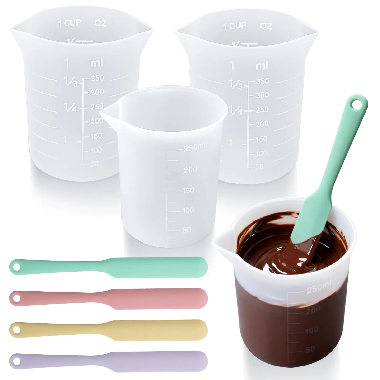 [Summervibes] 8 Pcs Silicone Chocolate Melting Cup Set with 4 Silicone Measuring Cups (250/350ml) and 4 Heat-Resistant Jar Spatulas,Non-Stick Baking Tools for DIY Chocolate,Butter,Cream Mixing,Hand Tools Kits