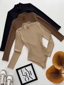 Women's Fashion High Neck Long Sleeve Tops Set, 3-Piece Solid Color Comfortable Slim Fit Bodycon Casual Wear, Ideal for Daily