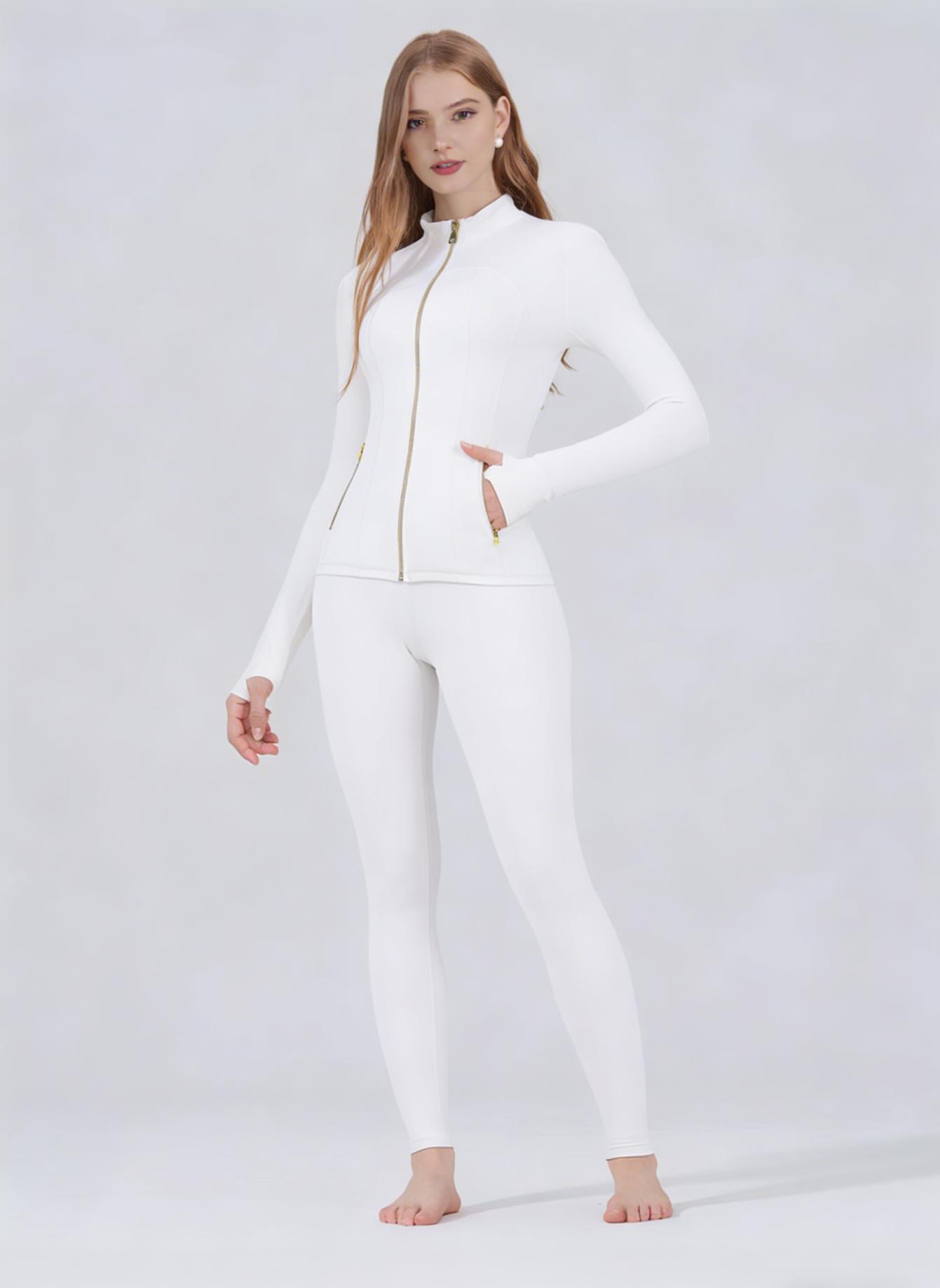 【Golden Ziipper】Two Piece Set Women's Soft Brushed Sport Jacket & 25" Inseam Leggings Set, Golden Zipper, Thumbholes, Casual Yoga Wear