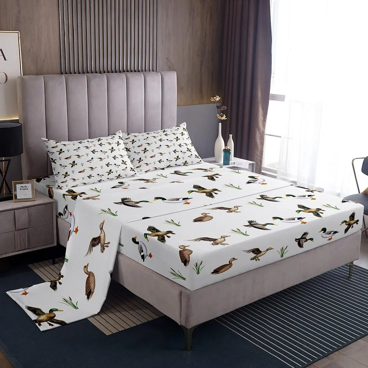 Feelyou Duck Print Decorative Bedding Set - Full Bedding Sheets, Duck Hunting Botanical Collection, Deep-Pocket Fitted Sheet, Soft Breathable Animal Print Bedding for Wild Animal Enthusiasts