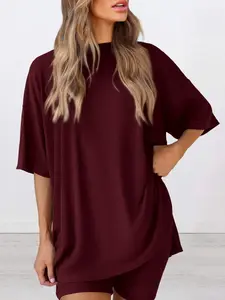 Women's Solid Color T-Shirt and Fitted Shorts Loungewear Set, Casual Comfortable Round Neck Sleepwear for Summer, with Pockets and Oversized Fit, Women's Affordable Pajamas, Lady, Cozy Loungewear