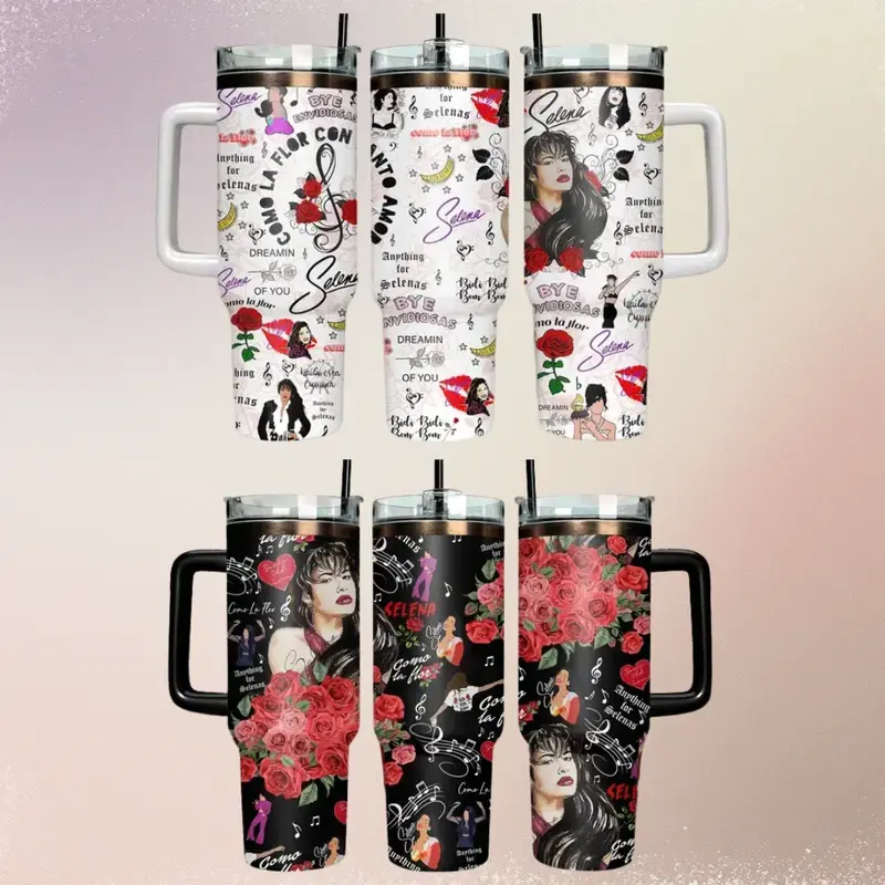 A 40oz insulated tumbler with a handle, honoring the legendary music icon Selena Quintanilla—featuring a commemorative red rose design, an image of her performing, the title of the classic song "Como La Flor," and her artistic signature.