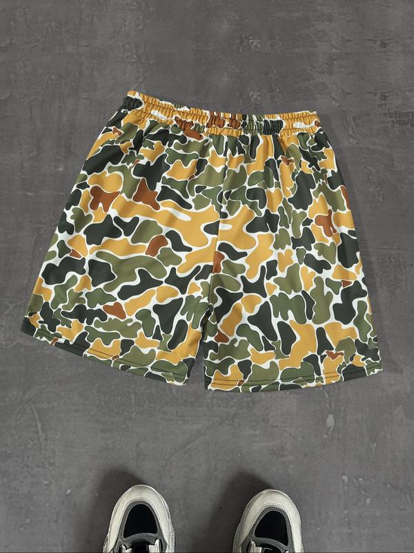 Men's Regular Fit Camo Print Drawstring Waist Beach Shorts, Camo Swim Trunks, Casual Comfy Breathable Swim Shorts for Summer, Men's Shorts for Beach Vacation