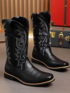 Vintage Embroidered Western Cowboy Boots, Western Inspired Boots, Mid-Calf PU Leather Men's Shoes, Casual Winter Outdoor Riding Party Commute Boot