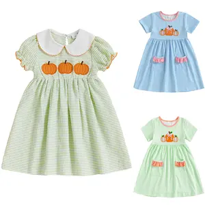 Kids Toddler Girl Halloween Striped Dress Cute Pumpkin Embroidery Peter Pan Collar Ruffles Short Sleeve A-line Party Dresses