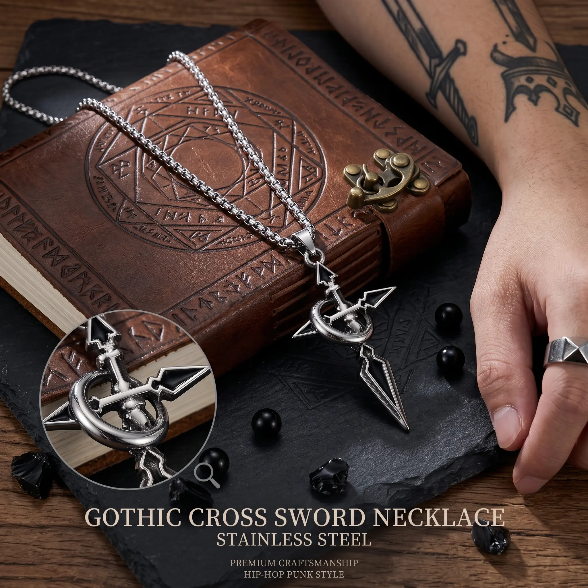 Gothic Cross Sword Pendant Necklace for Men, Stainless Steel Vintage Punk Dagger Moon Charm Chain, Hip Hop Grunge Biker Jewelry Gift