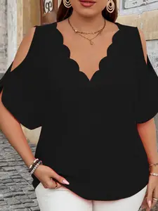 【Plus Size】 Solid Wave Print V Neck Tee, Elegant Fashion Casual Short Sleeve T-shirt for Daily Outdoor Wear, Women Plus Clothing for Summer, Top