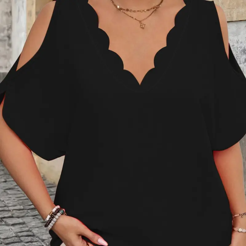 【Plus Size】 Solid Wave Print V Neck Tee, Elegant Fashion Casual Short Sleeve T-shirt for Daily Outdoor Wear, Women Plus Clothing for Summer, Chic Casual Top