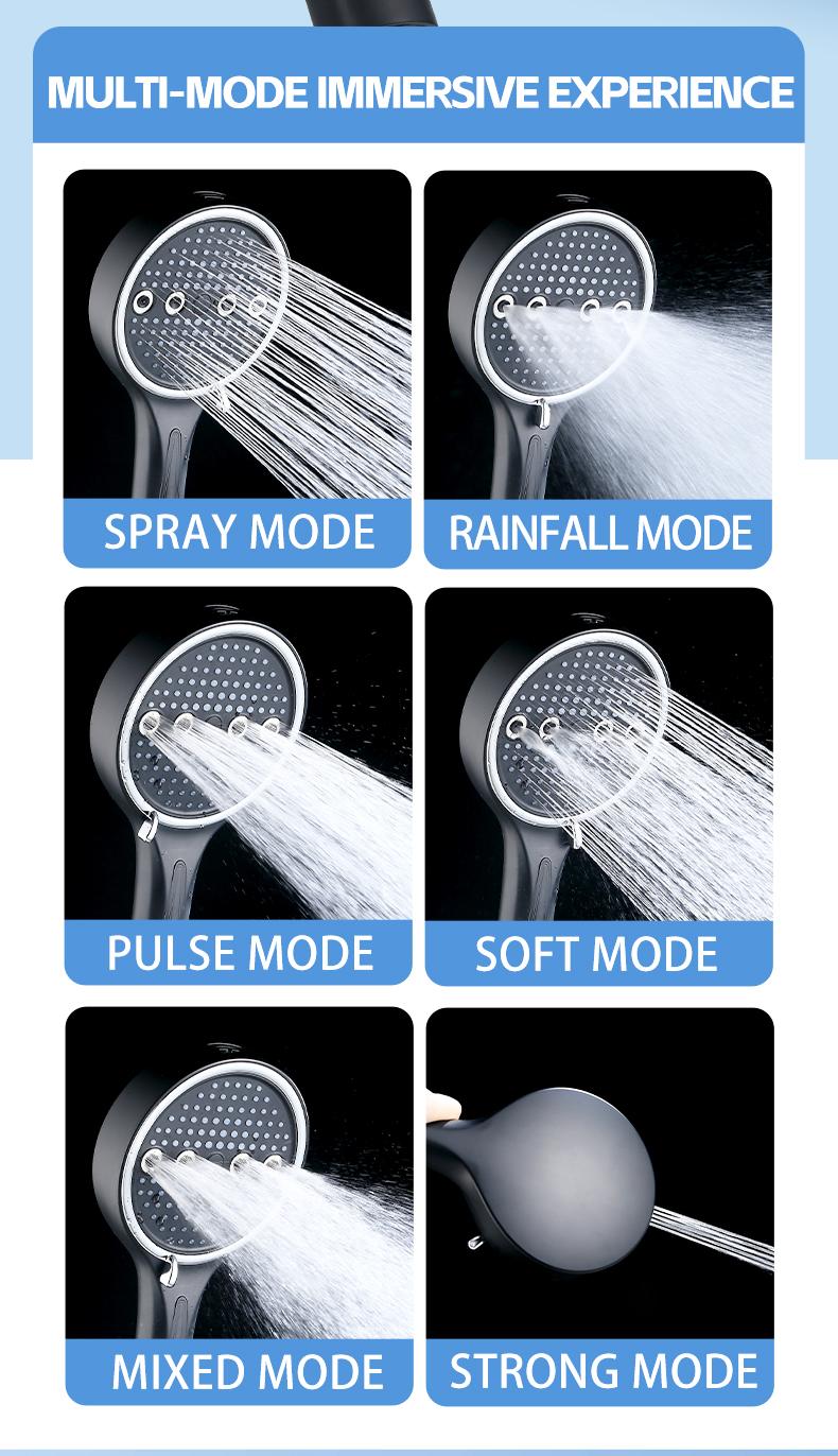 High Pressure Handheld Shower Head Combo, 5.12 Inch Rain Showerhead with 6 Spray Modes, Long Hose & Holder, Wall-Mounted Bath System, Polished/Matte Black, Works Great with Low Water Pressure, Ideal for Modern Bathroom Showers