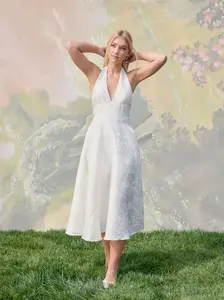 Jacquard Halter Neckline Floral Lace Up Maxi Dress