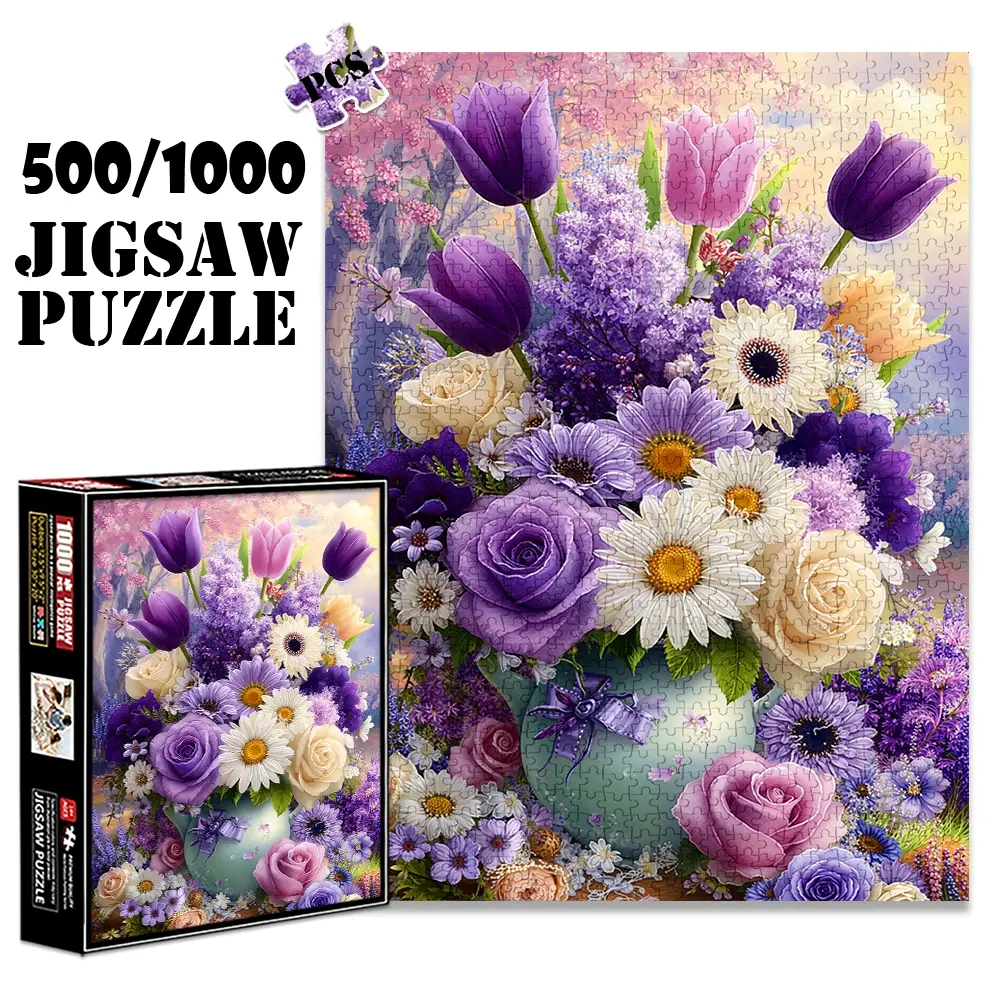 1pc 1000 piece adult puzzle 70x50cm Vibrant Bouquet of Tulips, Roses, Daisies in a Teapot 500 pieces paper jigsaw puzzle suitable for DIY creative games for adults and families, birthday and holid Art Puzzles Gift