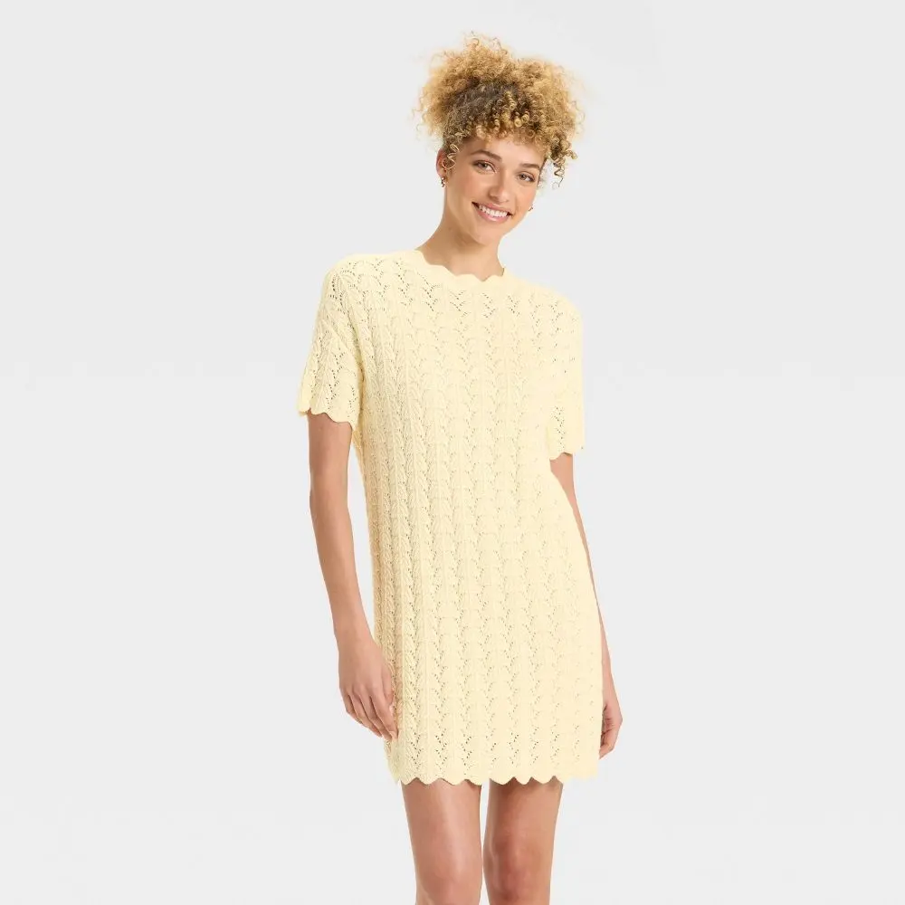 Women's Short Sleeve Pointelle Mini Sweater Dress - A New Day Off-White M