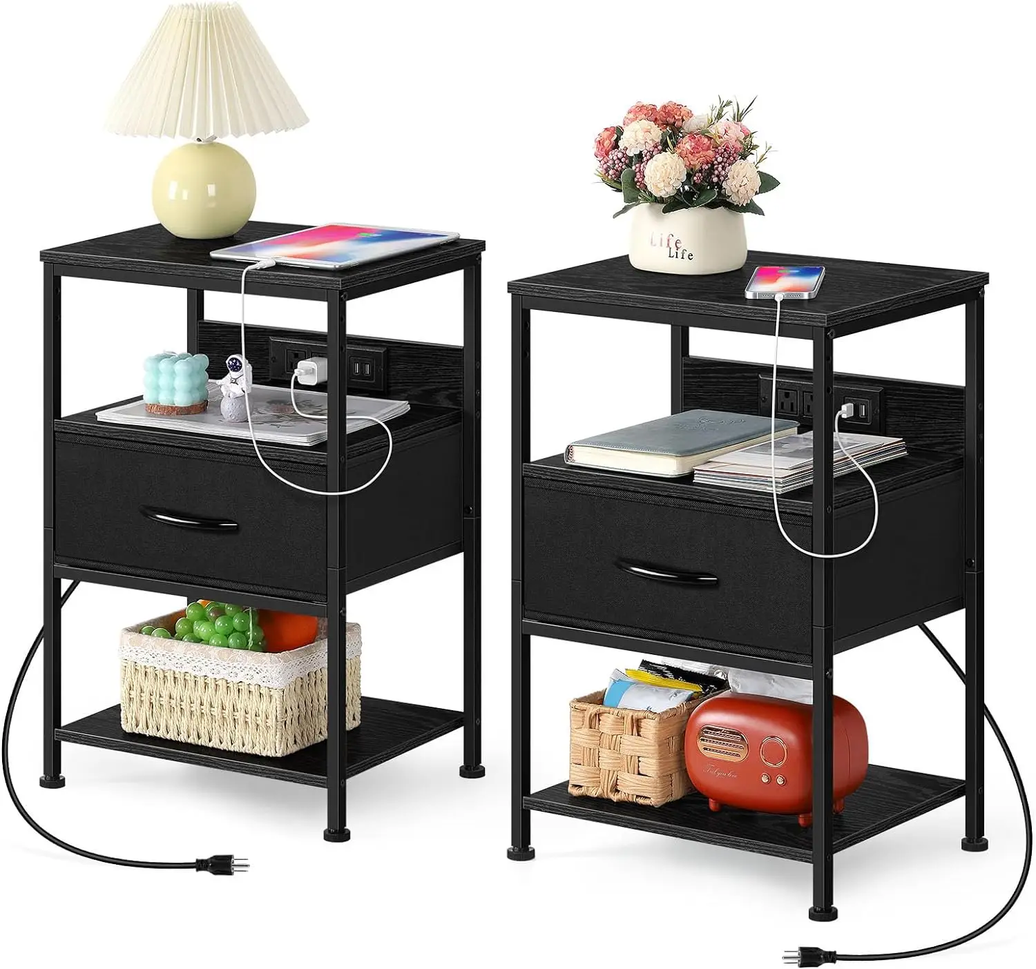 2 Packs Nightstand with Charging Station Black Bed Side Table with Fabric Drawer Storage Shelf Modern End Table with USB Ports and Outlets Night Stand