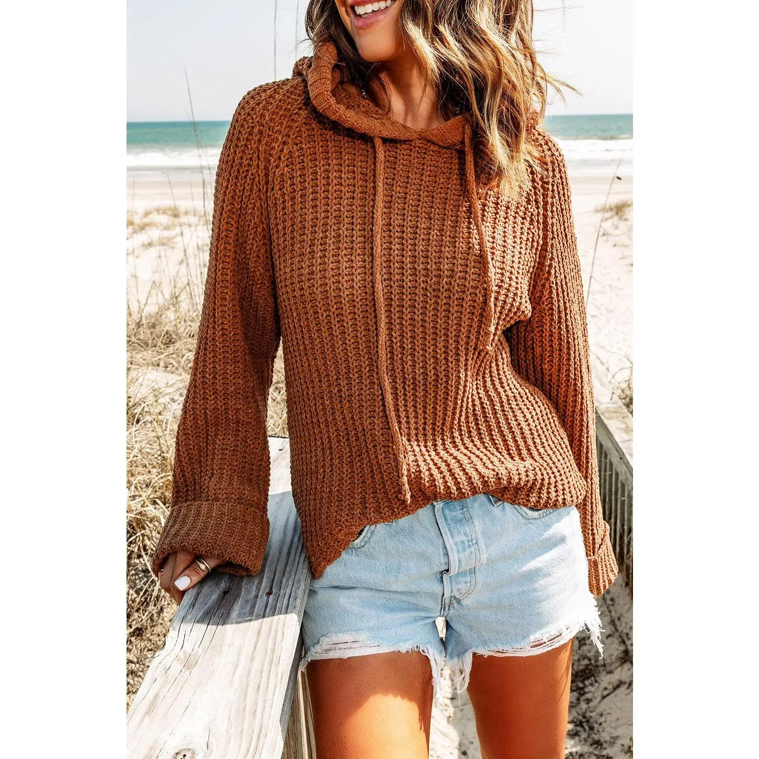 Rib-Knit Drawstring Hooded Sweater