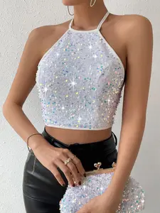 Fashion Halter Backless Short Top, Sequin Patchwork, Sweet Cool Fairy Style, Eye-Catching Body Show, Perfect for Trendy Parties