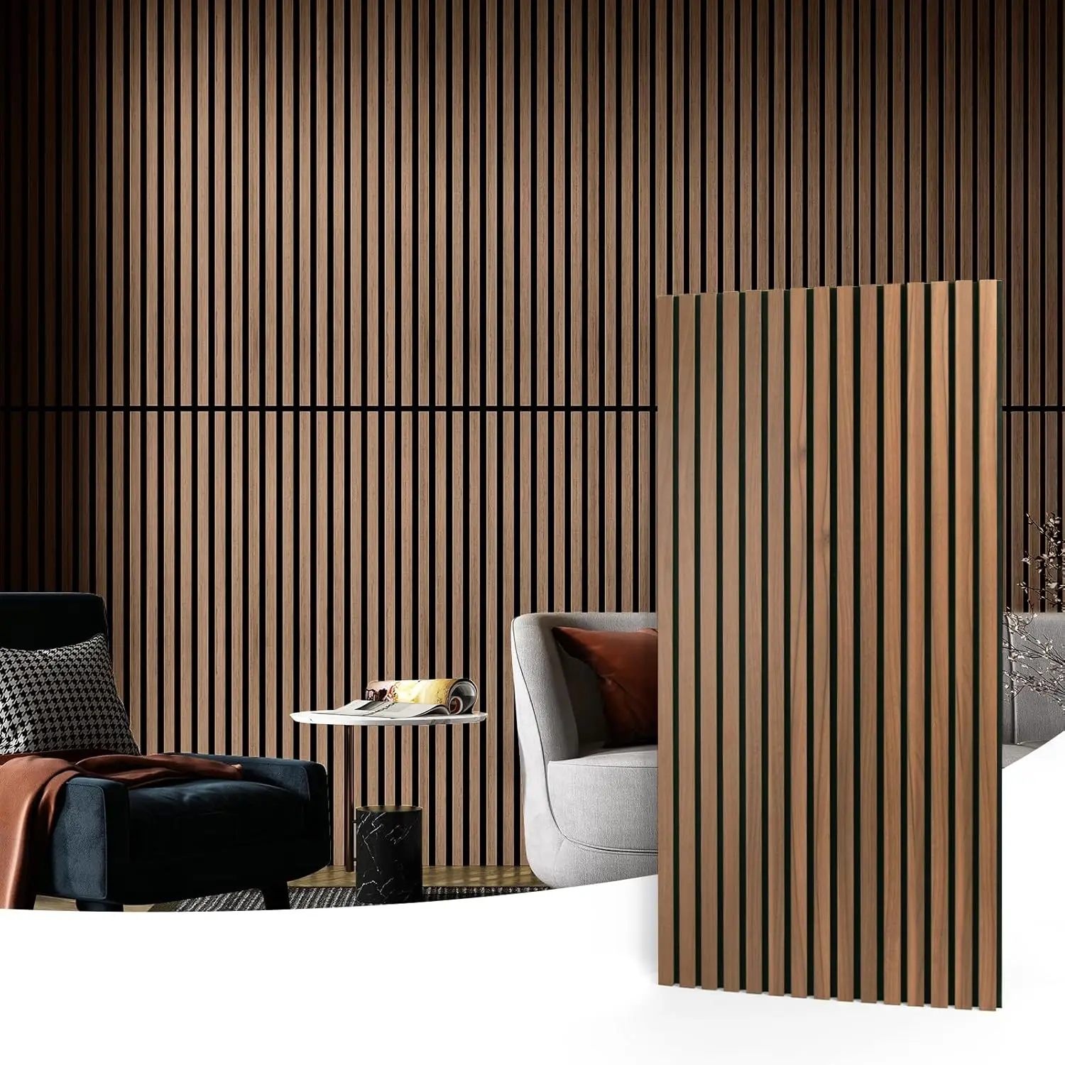 2  Slat Acoustic Panels for Wall and Ceiling -  Fluted Sound Absorbing Panel with  Finish - Walnut