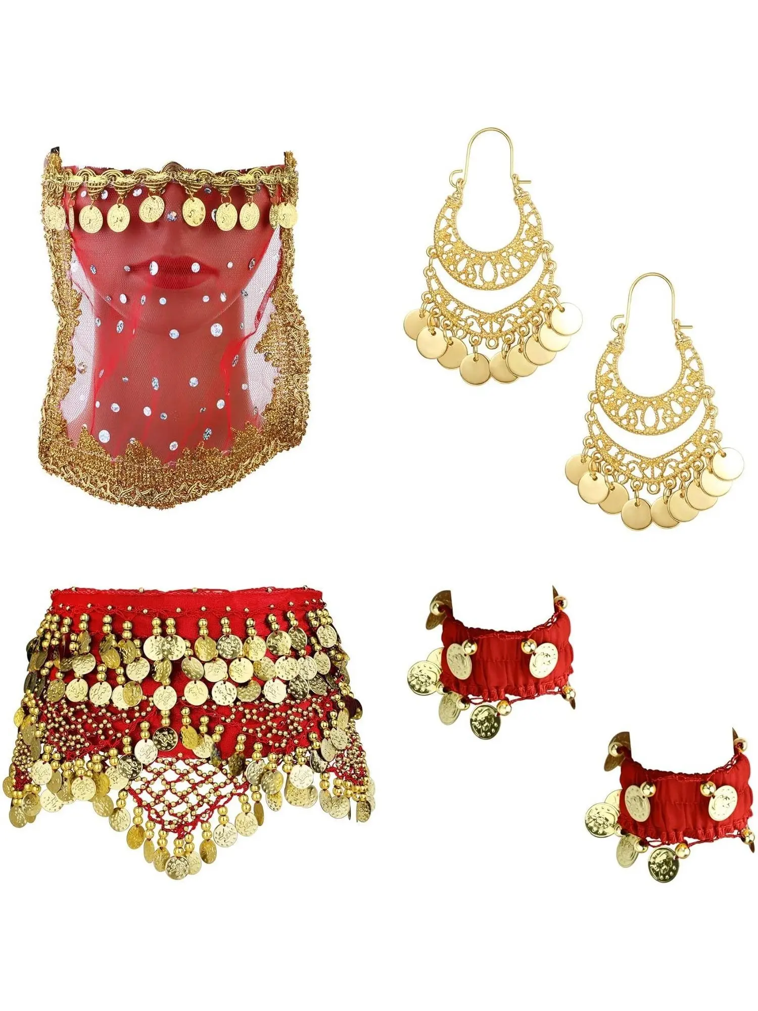 6 Pcs Red Blue Belly Dance Costume Set Bright Colorful Elegant Belly Dance Costume for Women Hip Scarf Golden Coin Drop Earrings Anklet Tribal Face Veil Stretch Cuff Bracelet Accessories