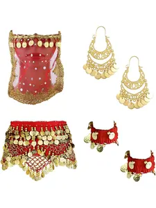 6 Pcs Red Blue Belly Dance Costume Set Bright Colorful Belly Dance Costume for Women Hip Scarf Golden Coin Drop Earrings Anklet Tribal Face Veil Stretch Cuff Bracelet