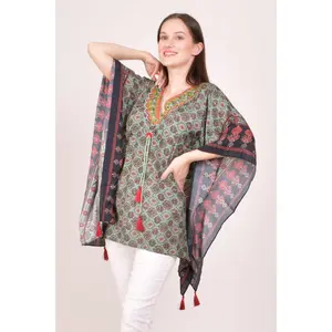 Green Ajrakh Print Embroidered Kaftan Top