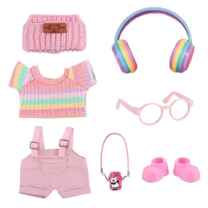 7-Piece Fashion Set for Labu Pink Overalls with Earphone Glasses Bag Shoes Matching Accessories Rainbow Design fits 17cm Dolls (Doll Not Included)