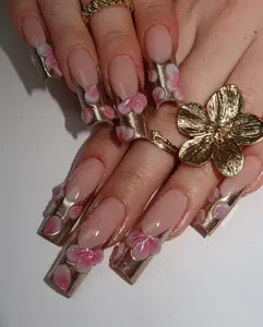 3D Floral Gold Chrome Press On Nails/Handmade Acrylic Faux Nails with Golden French Tips/Bridal, Spring, Vacation Nail Set/Gift for Her