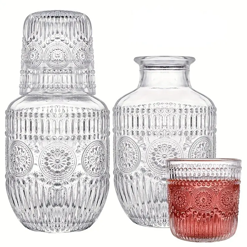 1 Set of Glass Bedside Jug and Cups, A water jug with leaf pattern and covered glass cup, Durable clear glass suitable for bedrooms, offices, and bathrooms, Bedside drinking set, Drinking Glassware, Decorative Glass