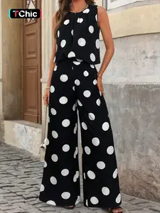Summer Casual Polka Dot Print Round Neck Ruched Sleeveless Top, Wide Leg Pants Two Piece Set Outfit, Women's Fashion
