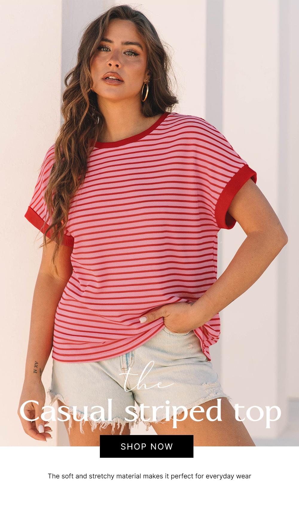 Asivivid Women's Striped Ribbed Knitted Drop Shoulder Round Neck T-Shirt Summer Tops Daily Everyday Wear Shirt Top