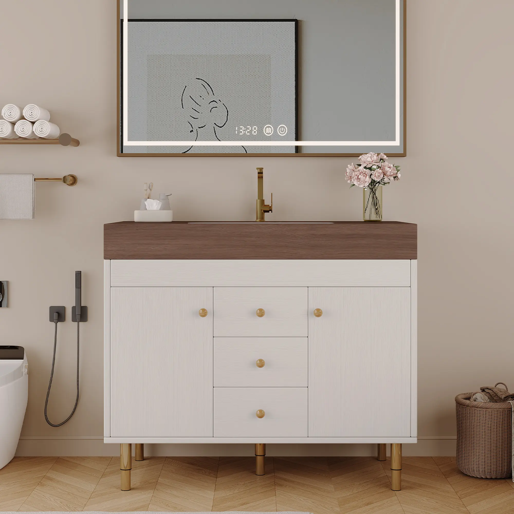 Freestanding Bathroom Vanity with Ceramic Sink, Sintered Stone Countertop, Soft-Close Drawers, Adjustable Metal Legs, Multiple Color Options, 36 Inch Floor Cabinet for Modern Luxury Bathrooms