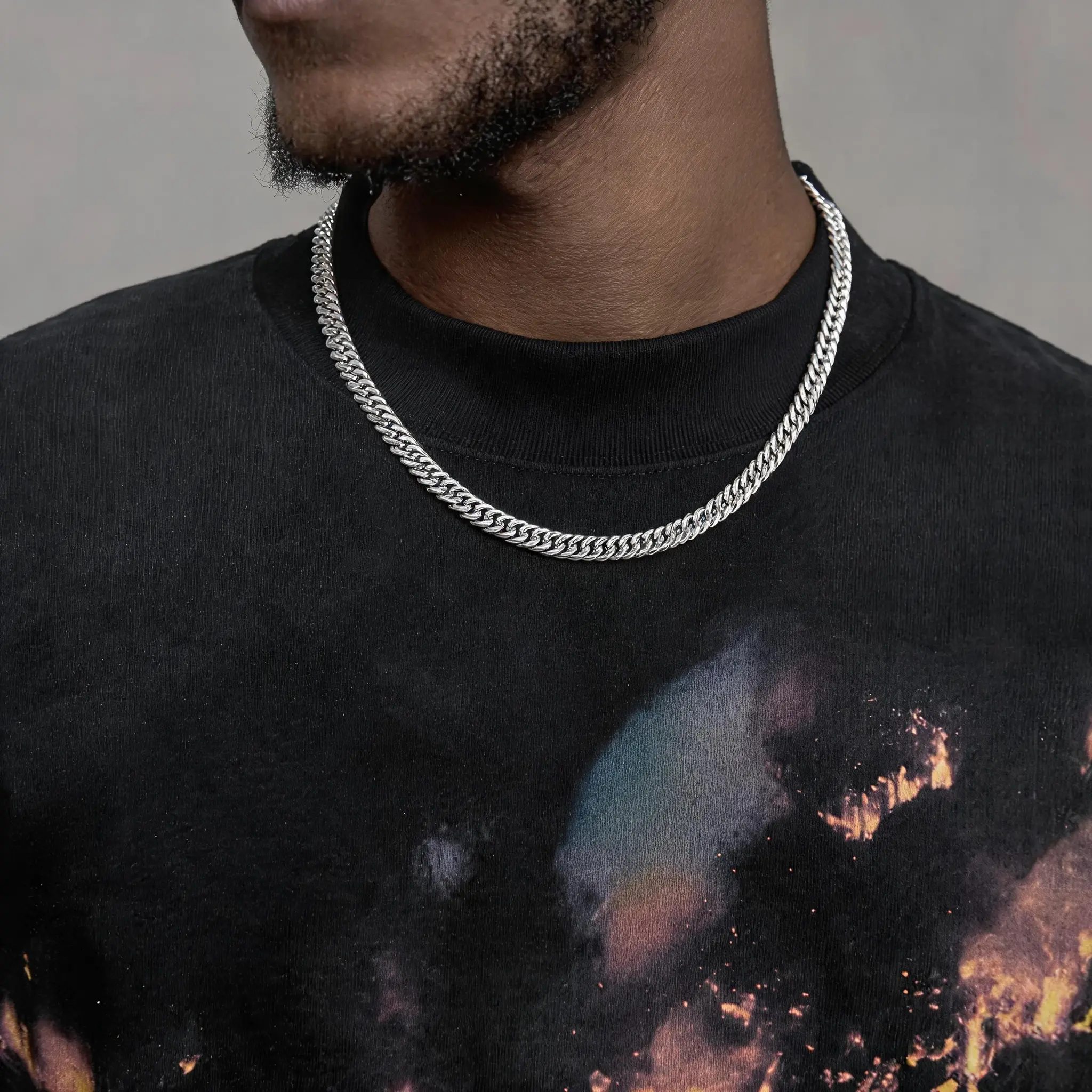 Men’s Silver Metallic Cuban Flat Link Chain Necklace - Anti-Tarnish, Gym-Ready Strong Construction, No Pendant Needed, Bold Urban Fashion Accessory for Layering or Solo Wear