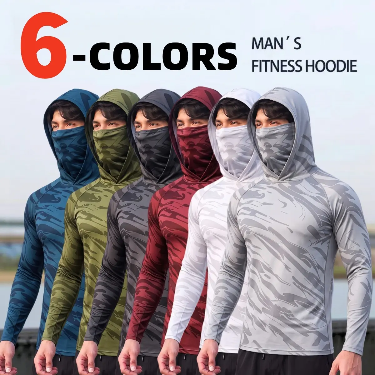 Men’s hooded long-sleeve sports shirt with face mask, comfortable and breathable lightweight outdoor fishing apparel for men, a comfortable, versatile hooded top for outdoor outings, suitable for hiking and exploration, mountaineering and camping, outdoor