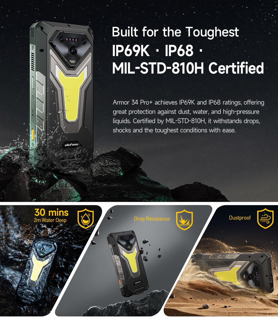 Ulefone Armor 34 Plus/Armor 34 pro Plus Unlock 5G Rugged Phone,Built-in DLP Projector,32GB+512GB,6.95'' FHD+ & 120Hz Screen,25500mAh(66W) Fast Charging,IP68/IP69K,IR Blaster,Android 15,Durable Phone for Outdoor/Construction Work Smartphone