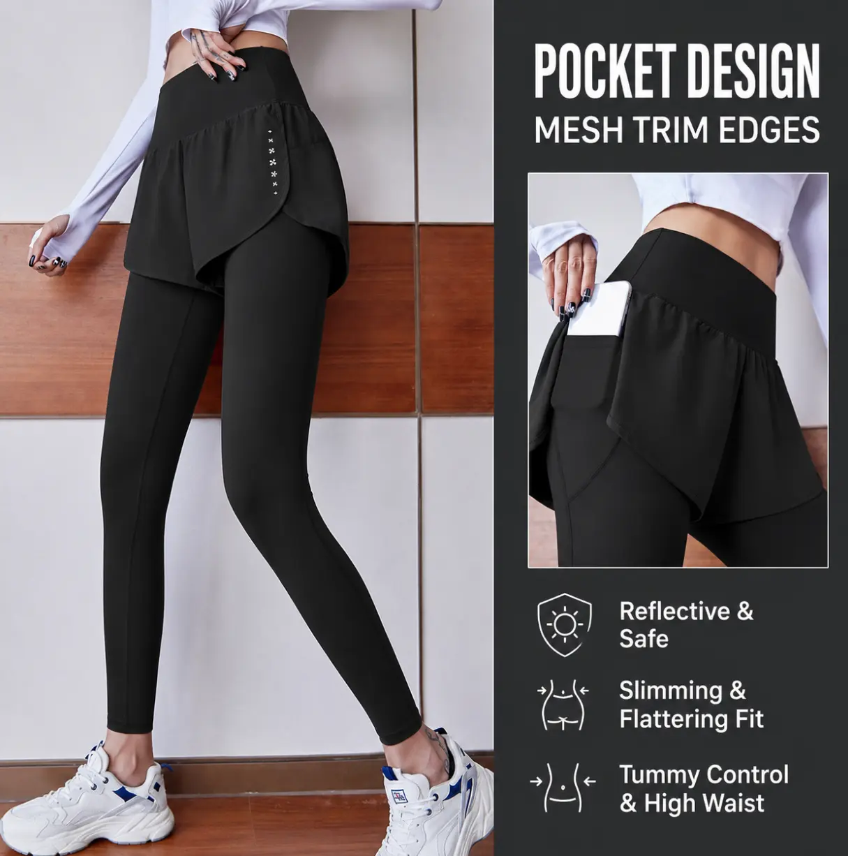 Female 2-in-1 Skirted Leggings, High Rise Long Length Yoga Pants with Pockets, Tummy Control Activewear with Mesh Trim, Medium Stretch, Polyester