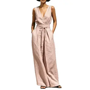Women's Sleeveless V-Neck Linen Jumpsuit - Lady's Clothe with Waist Tie Belt, Wide-Leg Long Pants, Pockets, Casual Loose Fit for Summer Vacation (Women's Clothes for Sports & Outdoor Use)