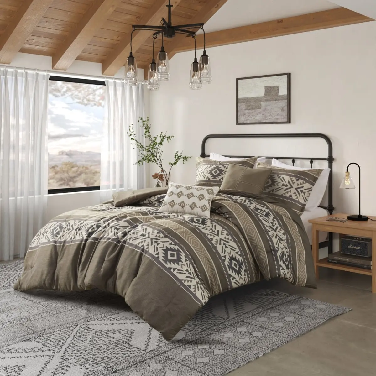 360 Stand Mariposa Stripe Herringbone Weave Comforter Set - King & California King Size, 104x92x1.5in, 5-Piece with Throw Pillows, Brown, Hypoallergenic Polyester Fill for Bed, King Size Bed, Five Pieces