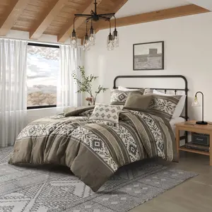 360 Stand Mariposa Stripe Herringbone Weave Comforter Set - King & California King Size, 104x92x1.5in, 5-Piece with Throw Pillows, Brown, Hypoallergenic Polyester Fill for Bed, King Size Bed, Five Pieces