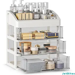 4-Layer Makeup Organizer with 3 drawers for Vanity, Cosmetic Display Cases, Make up Organizers and Storage, Bathroom Countertop Organizer with 3 Drawers, Desk Organizer with Drawers Cosmetics Organzier Storage Box