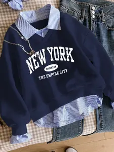 Women's V Neck Fleece Pullover Sweatshirt, Loose Fit, Warm Lining, Fall Winter, Soft Knit, Casual College Style, New York Letter Print