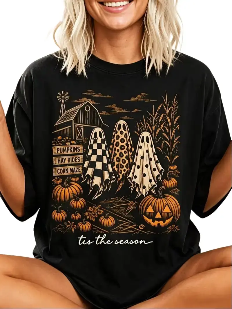 Tis The Season Farm Ghost Check Leopard Polka Dot Pumpkin Harvest Halloween Graphic Oversized T-Shirt, Vintage Spooky Fall Casual Tee Crewneck Black