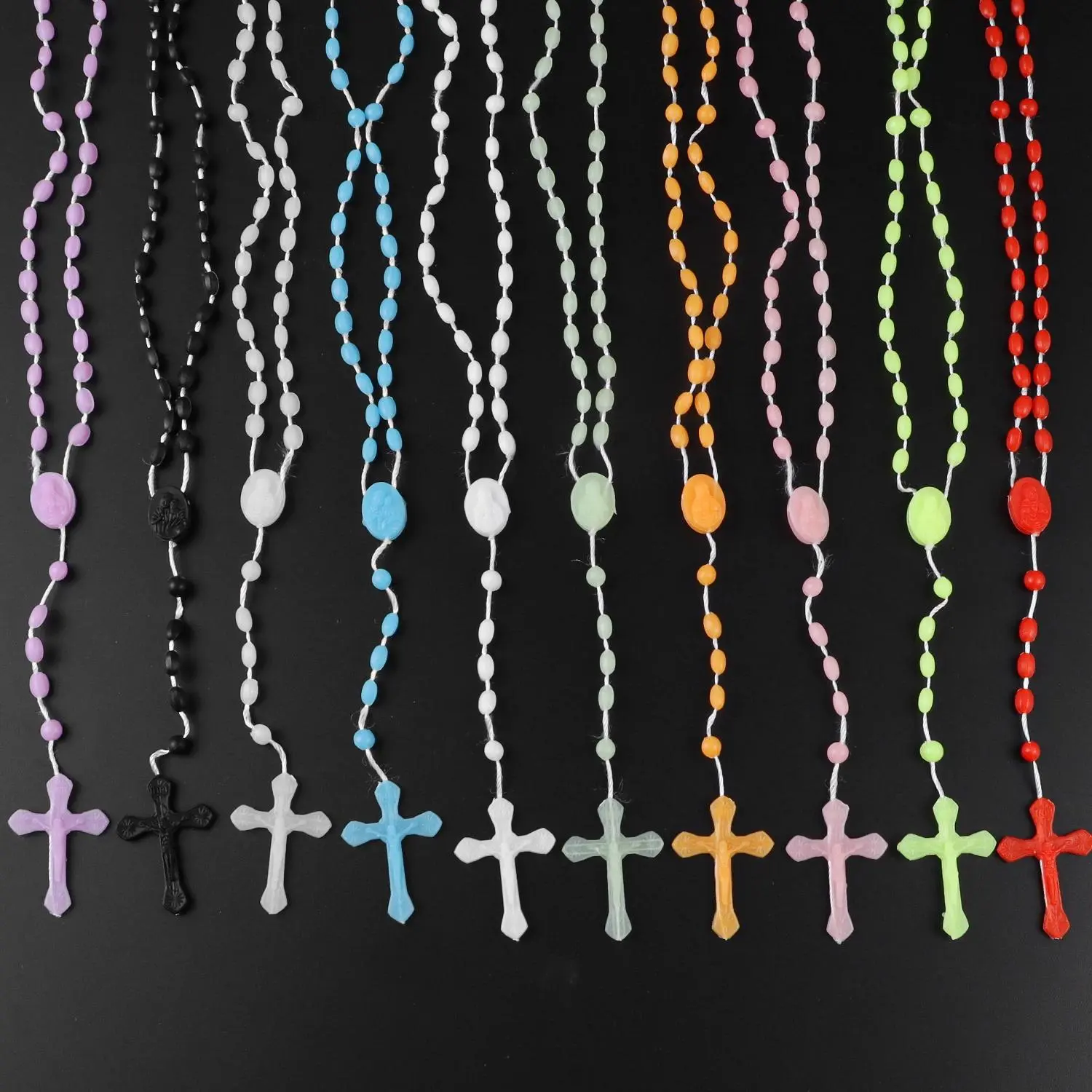 Multicolor Luminous Plastic Prayer Beads Rosary Necklace Catholicism Rose Bible Bead Cross  Necklace Religious  lucky gift rva permanent elegant Colorful Cross Necklace Cross Necklace Chain Decorative Beaded Necklaces