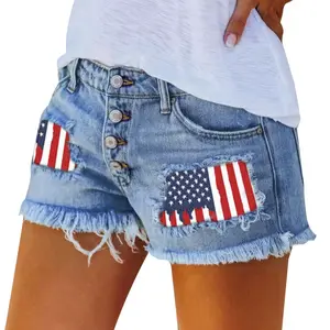 Women's Denim Shorts - American Vintage Patriotic Flag Patch, Distressed Frayed Womenswear Bottoms