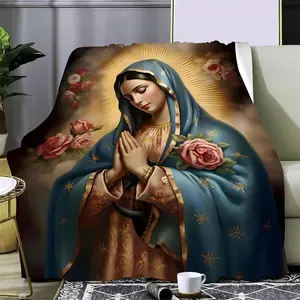 1Pc Bohemian Virgin Mary & Religious Flannel Blanket - Super Soft All-Season Bedspread, HD Print Quilted-Like Texture, Catholic Gift For &, Sofa Or Bed Cover Coquette Fleece Throw
