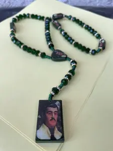 Jesus Malverde Rosary Style Necklace 20" Long Green