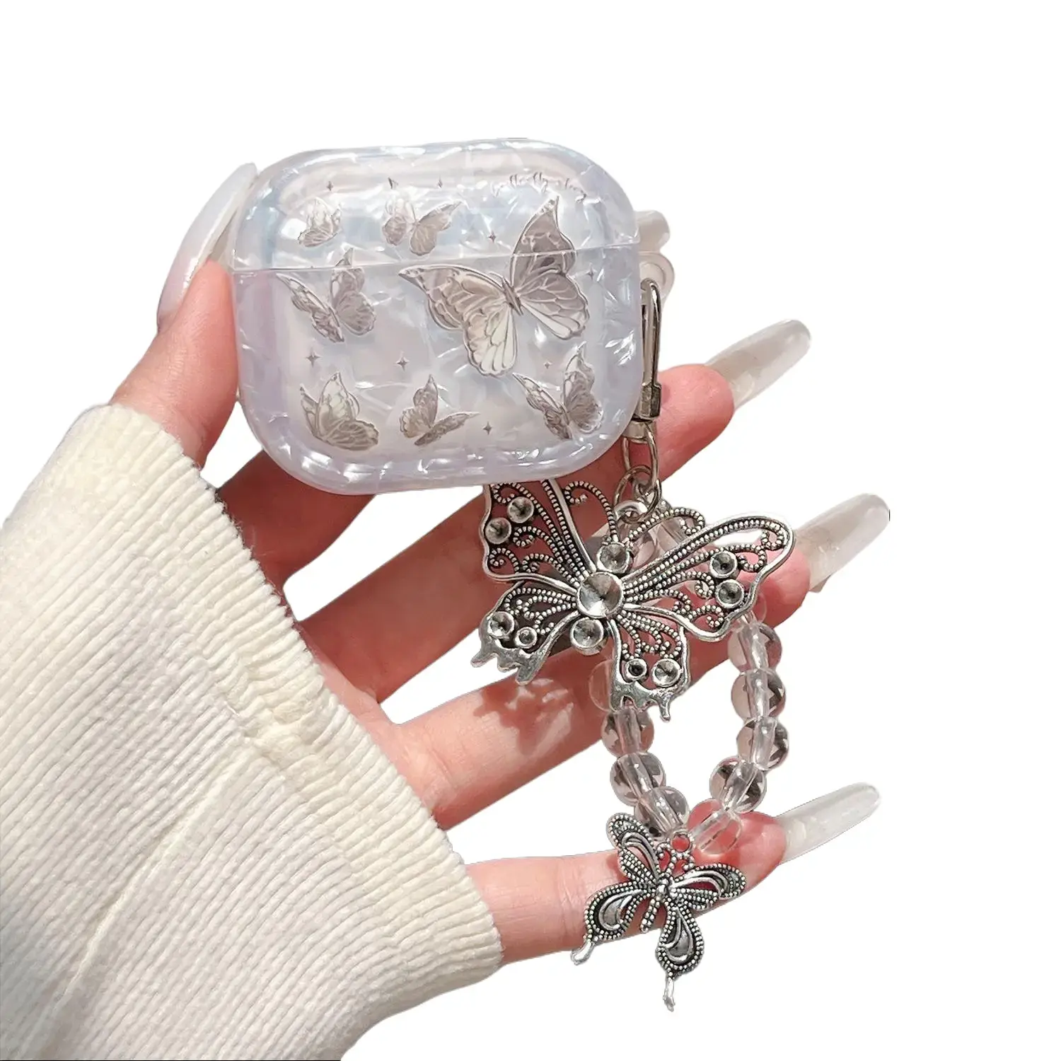 Cute Seashell Butterfly AirPods Case with Wrist Strap & Keychain, Elegant Shockproof Protective Cover for AirPods Pro 3/2/1 and AirPods 4/3/2/1, Gift for Women and Girls