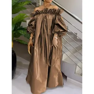 Women’s off-shoulder ruffle-trim long dress; chic, elegant bishop-sleeve long-dress for parties, holidays, and wedding guests; ladies’ spring and fall clothing; holiday dresses; wedding guest dress; formal event dress