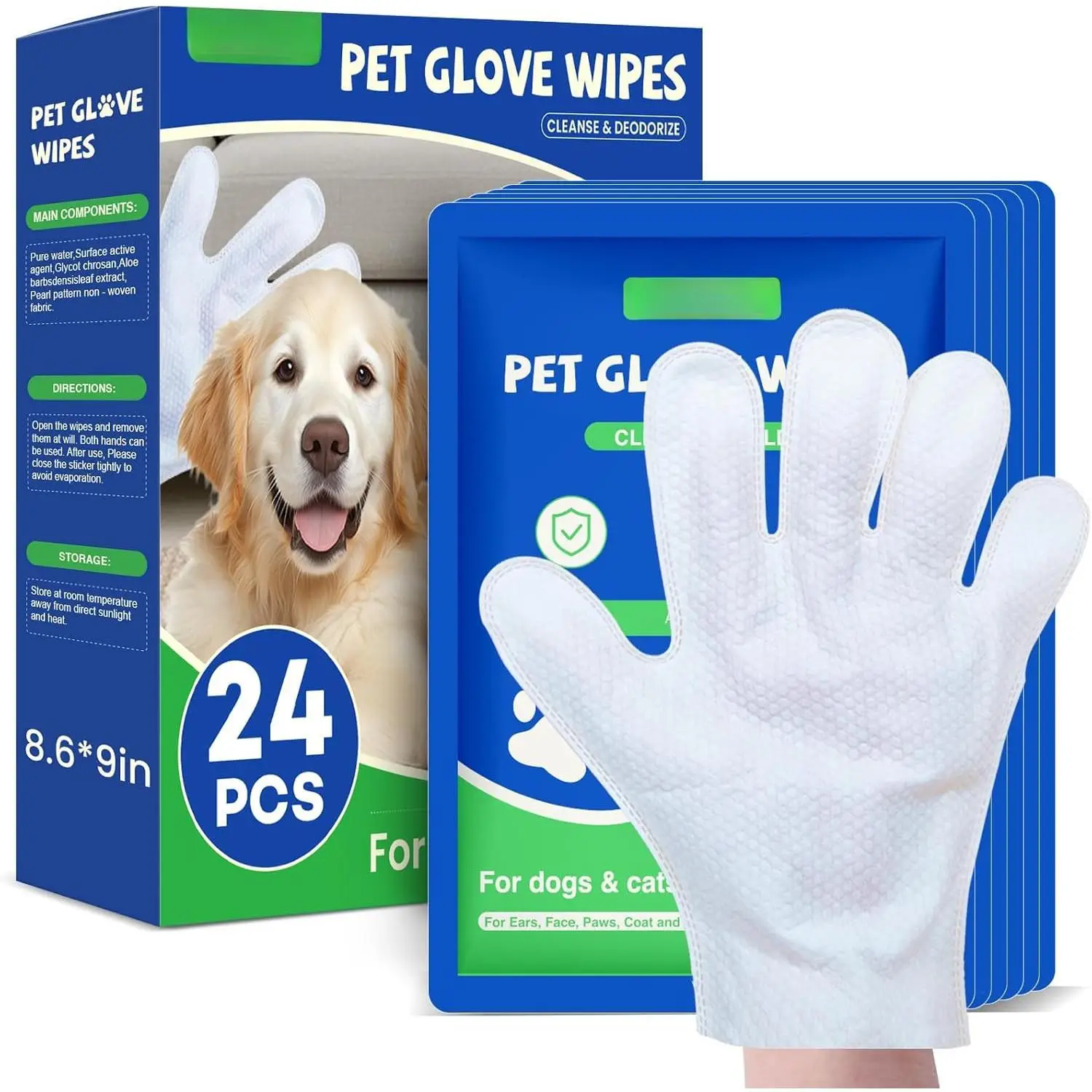 24 Pcs Pet Glove Wipes for Dogs and Cats,Cleaning & Deodorizing Bathing Grooming Wipes,Unscented Thick Nourish Fur Glove Wipes for Pet Dry Cleaning,Da