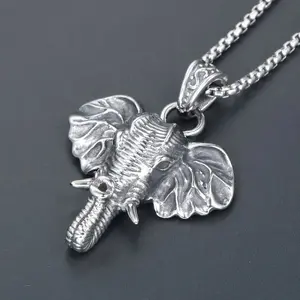 [Vintage Elephant Necklace] Vintage 304 Stainless Steel Men's Elephant Head Pendant Necklace |   Non-Fading Thailand Mascot Fortuna Elephant Jewelry, Funky Animal Design with Intricate Detailing, Durable Chain for Casual & Formal Wear, Textured Finish